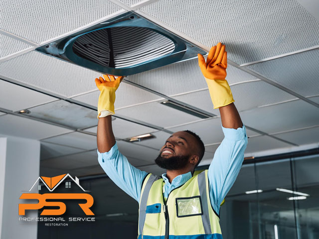 air duct cleaning male technician professionally cleaning small ceiling air vent duct inside of office building
